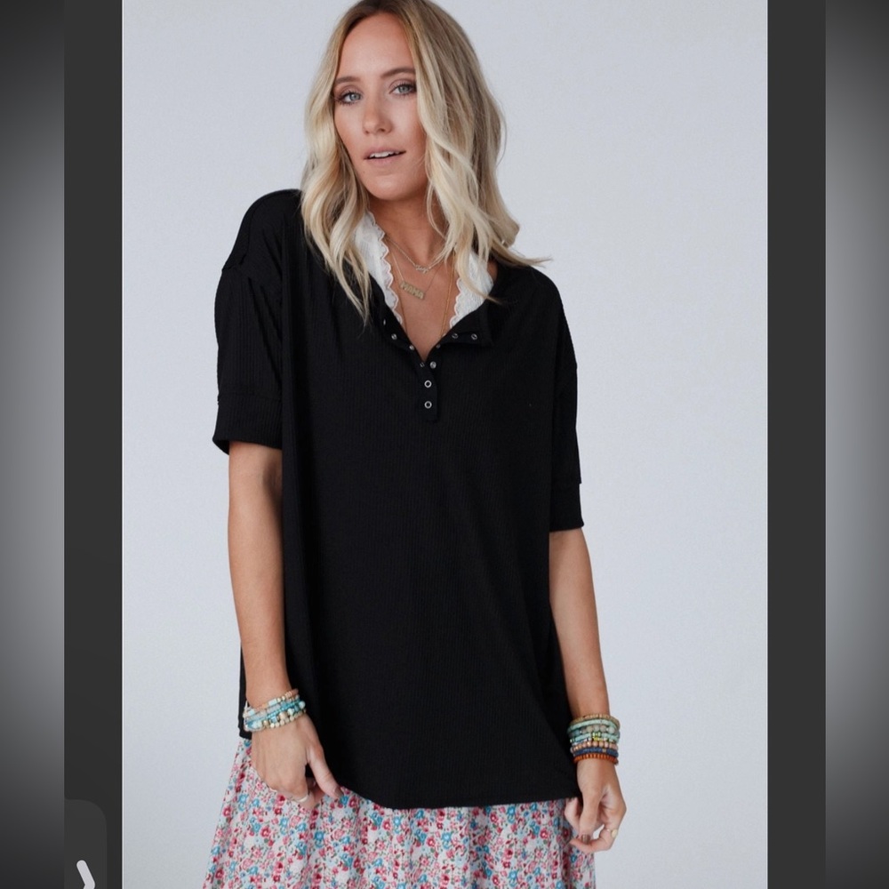 Three Bird Nest Leila Ribbed Henley oversized Top - Black - Picture 1 of 9